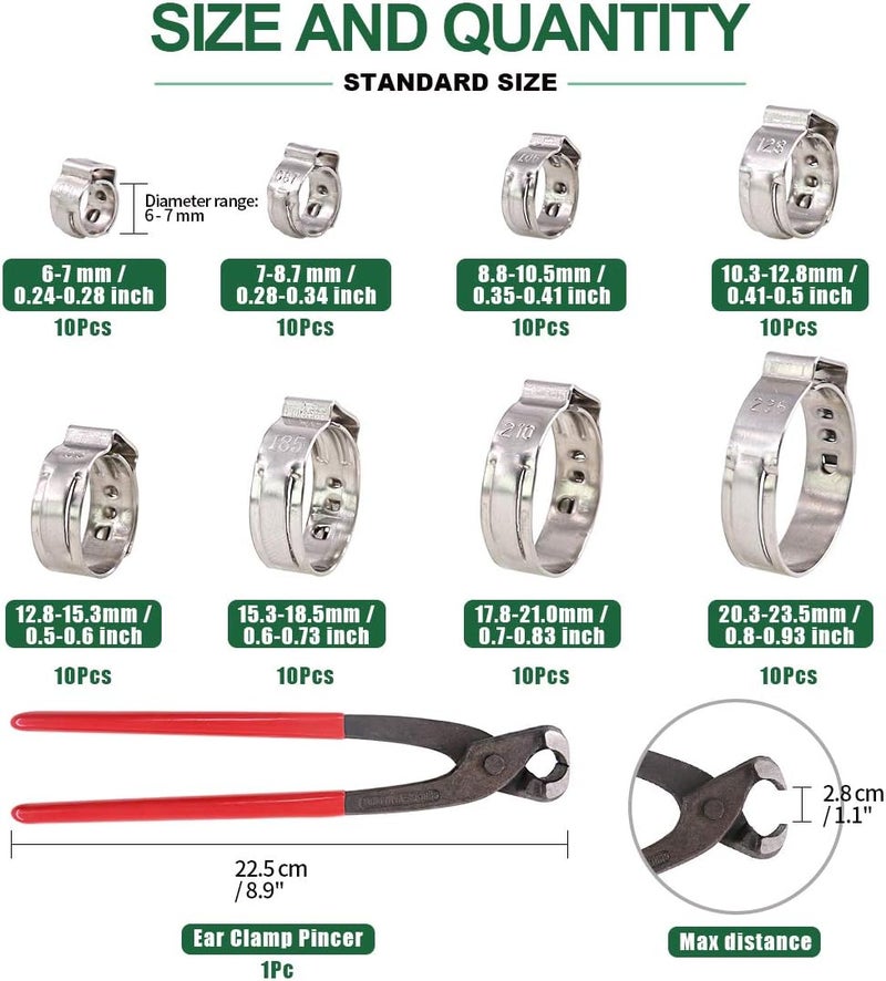 Keadic 81Pcs Single Ear Hose Clamps, 6-23.5mm Stepless Hose Clamps with Ear Clamp Pincer 304 Stainless Steel Ear Clamps Crimp Pinch Tools for Automotive Home Appliance - Image 2