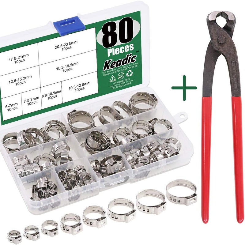 Keadic 81Pcs Single Ear Hose Clamps, 6-23.5mm Stepless Hose Clamps with Ear Clamp Pincer 304 Stainless Steel Ear Clamps Crimp Pinch Tools for Automotive Home Appliance - Image 1