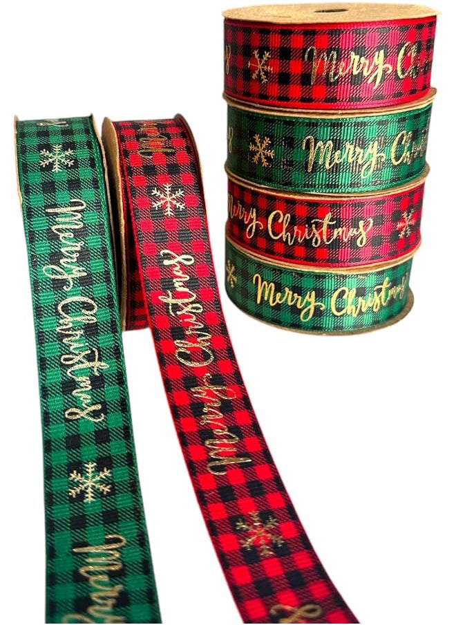 The Bros 6 Piece Green & Red Merry Christmas Ribbons - Classic Buffalo Plaid Fabric Gift Wrap Ribbons for Tree Decorations & DIY Crafts 
