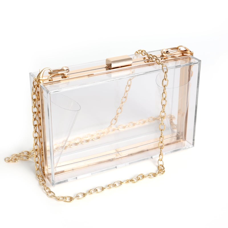 WJCD Women Clear Purse Acrylic Box Clutch Handbag, Small Transparent Crossbody Evening Bag Stadium Approved Gold Chain Strap (Gold) - Image 1