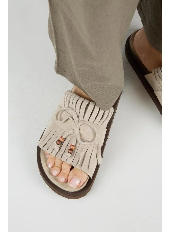 Yasmin Women's Real Leather Fringe Beaded Open-Front Beige Slipper