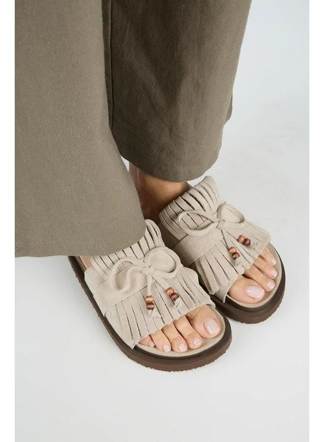 Manijero  Yasmin Women's Real Leather Fringe Beaded Open-Front Beige Slipper for Women | Best Price UAE