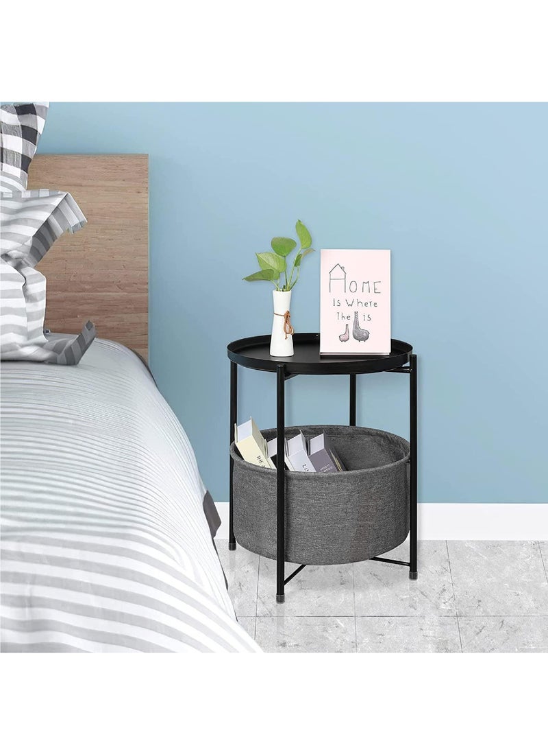 Rock Pow - Click to open expanded view Round End Table- 2-Tier Coffee Table Corner Table, Nightstand with fabric Storage Basket, Snack Side Table, Waterproof Coffee Table for Living Room Bedroom Office (Black) - Image 1