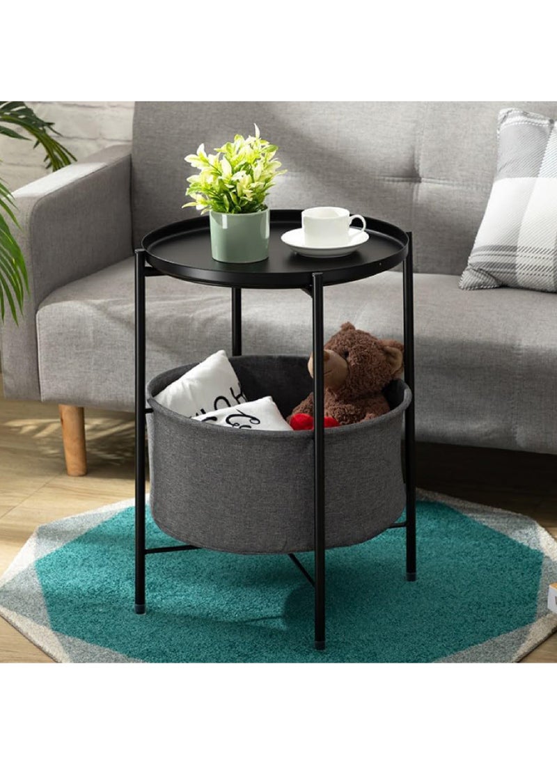 Rock Pow - Click to open expanded view Round End Table- 2-Tier Coffee Table Corner Table, Nightstand with fabric Storage Basket, Snack Side Table, Waterproof Coffee Table for Living Room Bedroom Office (Black) - Image 1