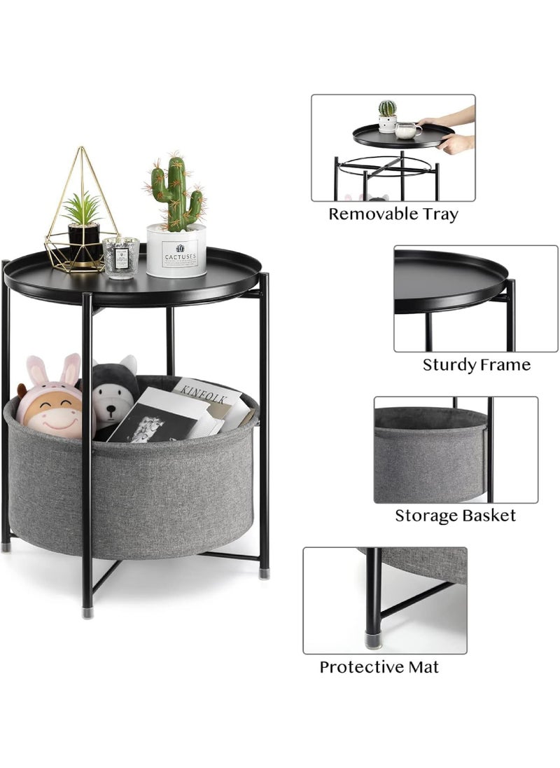 Rock Pow - Click to open expanded view Round End Table- 2-Tier Coffee Table Corner Table, Nightstand with fabric Storage Basket, Snack Side Table, Waterproof Coffee Table for Living Room Bedroom Office (Black) - Image 1
