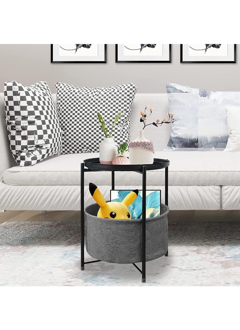 Rock Pow - Click to open expanded view Round End Table- 2-Tier Coffee Table Corner Table, Nightstand with fabric Storage Basket, Snack Side Table, Waterproof Coffee Table for Living Room Bedroom Office (Black) - Image 1