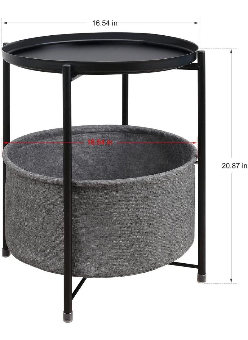 Rock Pow - Click to open expanded view Round End Table- 2-Tier Coffee Table Corner Table, Nightstand with fabric Storage Basket, Snack Side Table, Waterproof Coffee Table for Living Room Bedroom Office (Black) - Image 1