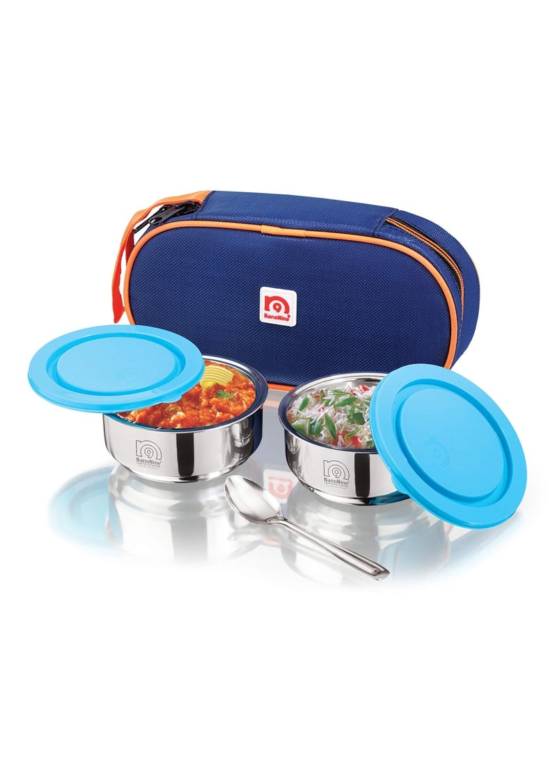 NanoNine - NanoNine Tiffiny Double Wall Insulated Stainless Steel Lunch Box with Insulated Bag, 225 ml, 2 pc, Navy Blue - Image 1