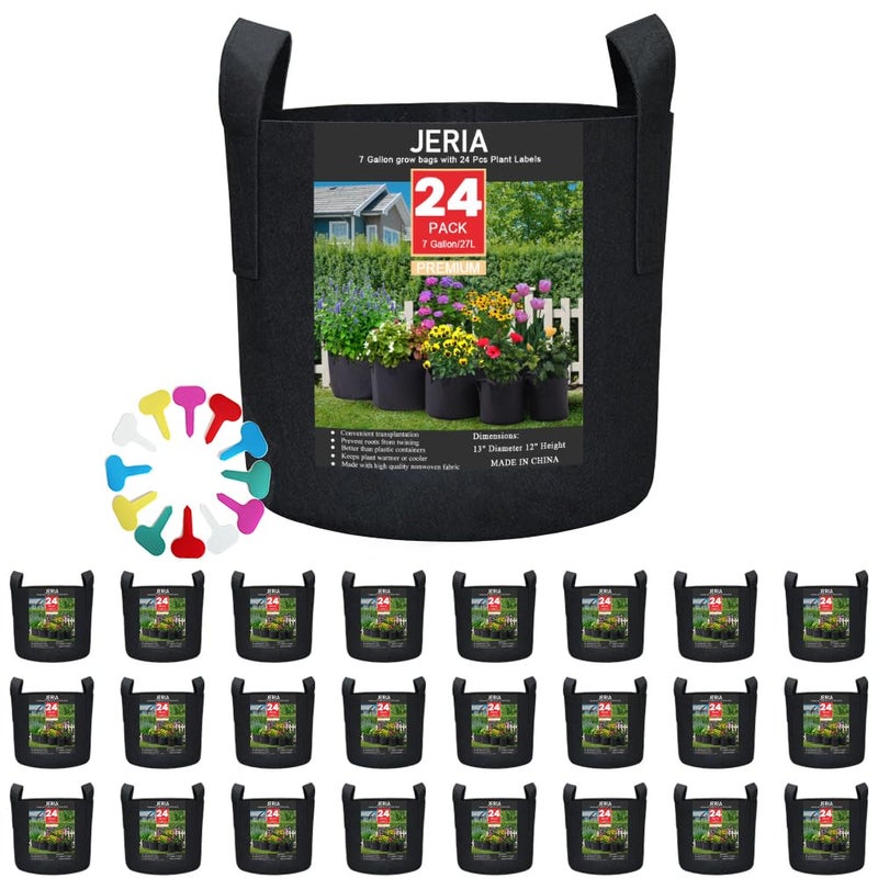 JERIA 24-Pack 7 Gallon Nonwoven Grow Bags, Plant Grow Bagsï¼ŒHeavy Duty Aeration Fabric Pots with Durable Handles, Come with 24 Pcs Plant Labels - Image 1