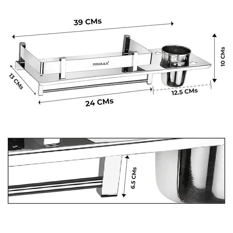 Primax Stainless Steel Nickel 3 in 1 Multipurpose Bathroom Shelf, Towel Hanger (Chrome, Silver, 15 x 5 Inches) - Image 4