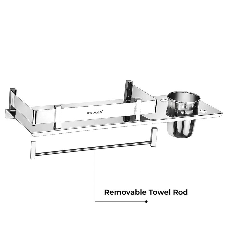 Primax Stainless Steel Nickel 3 in 1 Multipurpose Bathroom Shelf, Towel Hanger (Chrome, Silver, 15 x 5 Inches) - Image 2