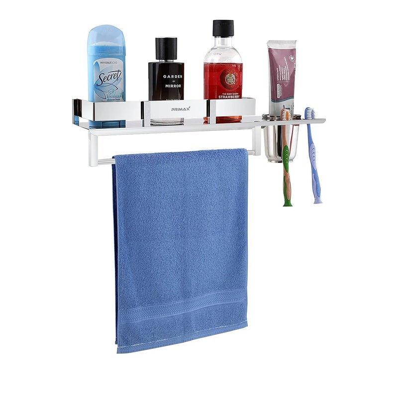 Primax Stainless Steel Nickel 3 in 1 Multipurpose Bathroom Shelf, Towel Hanger (Chrome, Silver, 15 x 5 Inches) - Image 1