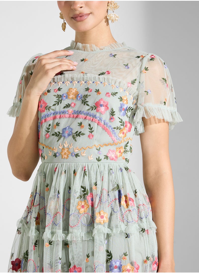 Maya Embroidered High Neck Mini Dress With Angel Sleeve  - Image 3