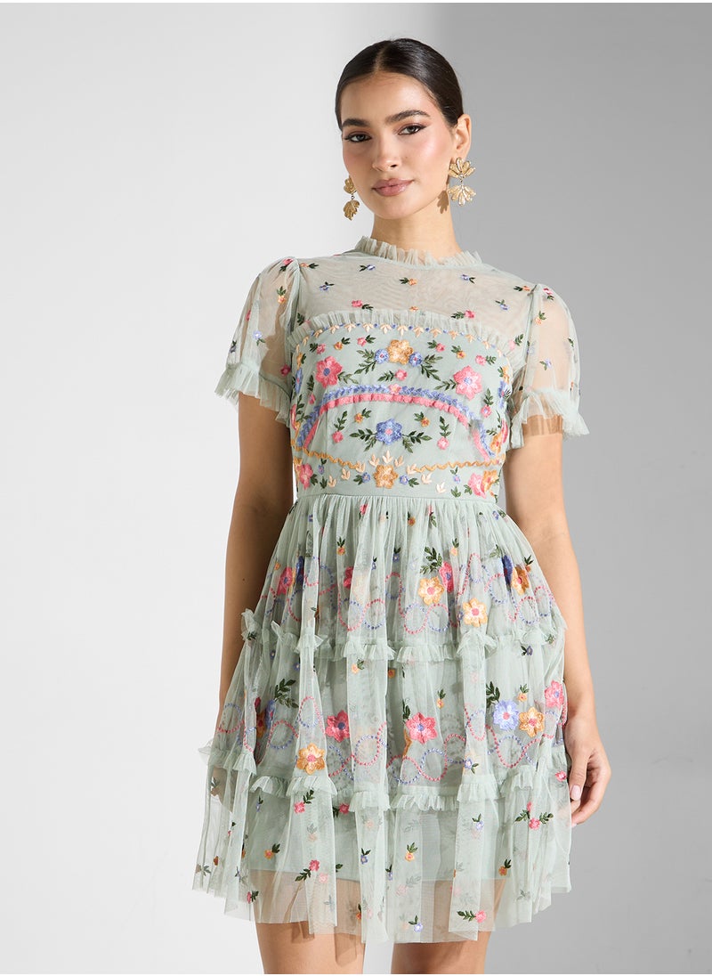 Maya Embroidered High Neck Mini Dress With Angel Sleeve  - Image 1