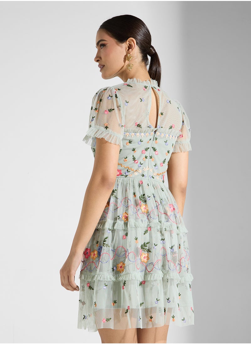 Maya Embroidered High Neck Mini Dress With Angel Sleeve  - Image 2