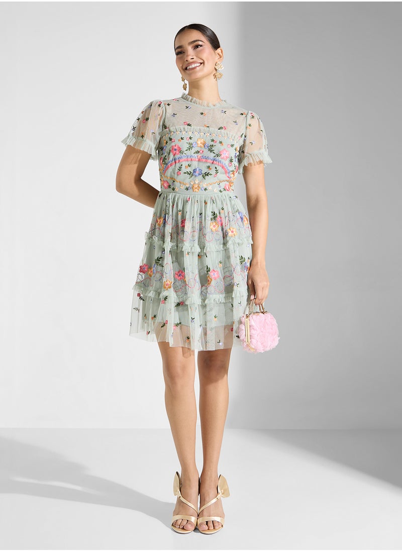 Maya Embroidered High Neck Mini Dress With Angel Sleeve  - Image 4