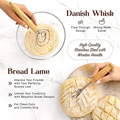 ABIOTO Sourdough Bread Making Kit - 9″ Round & 10″ Oval Banneton Proofing Baskets, Danish Dough Whisk, Bread Lame (5 Blades), Bench & Bowl Scrapers, Linen Liners - Complete Bread Making Tools - Image 4