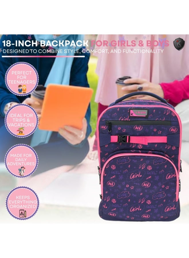 آي-كولا حقيبة ظهر وردية بتصميم فتاة صغيرة مقاس 18 بوصة للبنات والأولاد - حقيبة مقاومة للماء بثلاثة أقسام مع طباعة على المنضدة (IK955-18B) - Image 3