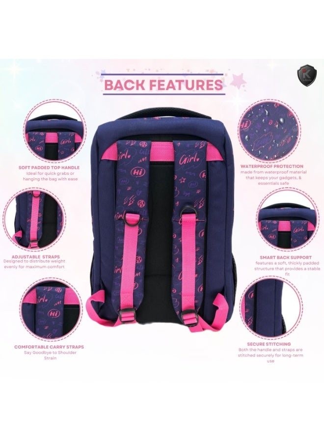 آي-كولا حقيبة ظهر وردية بتصميم فتاة صغيرة مقاس 18 بوصة للبنات والأولاد - حقيبة مقاومة للماء بثلاثة أقسام مع طباعة على المنضدة (IK955-18B) - Image 4