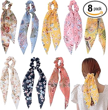 nuoshen 8 Pcs Elastic Hair Band Ribbon Bow Scrunchies Ponytail Holder Floral Flower Polka Dot Scrunchy Ties For Women Girls - Image 1