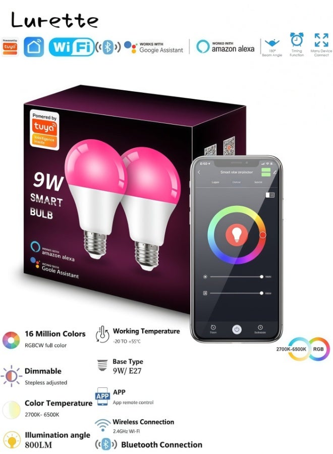 Lurette 9W E27 Base Smart Bulb, WiFi Bluetooth Dual Connection, Remote Control, Tuya App & Voice Control with Alexa Google Hom, 800LM Color Changing LED Bulb, Multi-functional (2 Pack) - Image 1