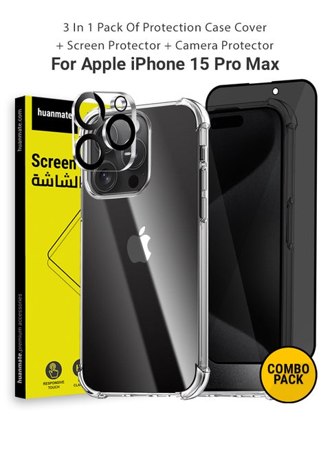 3 in 1 Protection Pack of Back Cover Privacy Screen Protector And Camera Protector For Apple iPhone 15 Pro Max Black/Clear