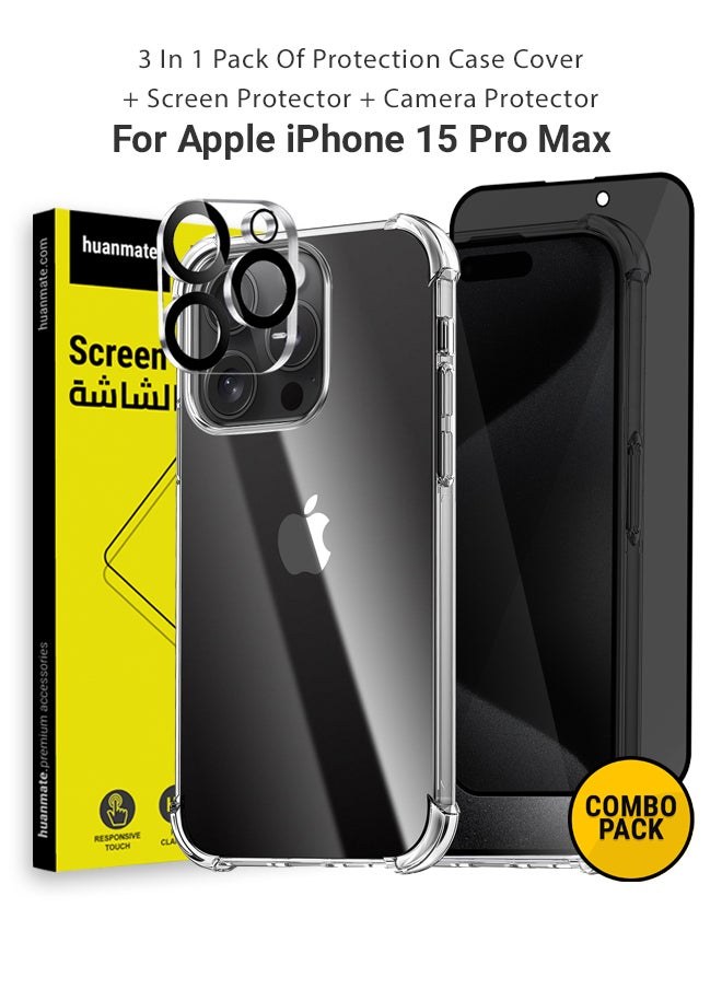 huanmate - 3 in 1 Protection Pack of Back Cover Privacy Screen Protector And Camera Protector For Apple iPhone 15 Pro Max Black/Clear - Image 1