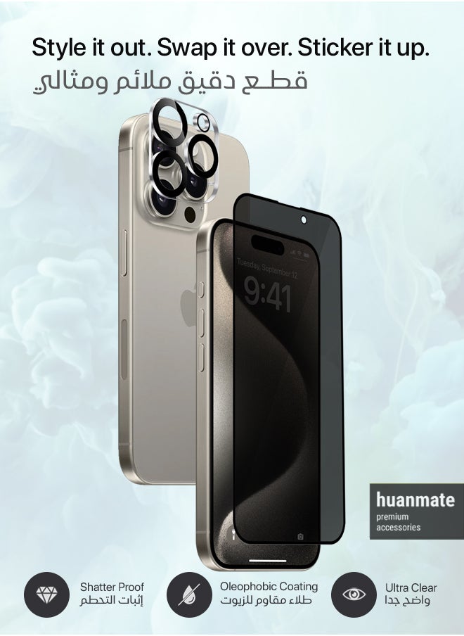 huanmate - 3 in 1 Protection Pack of Back Cover Privacy Screen Protector And Camera Protector For Apple iPhone 15 Pro Max Black/Clear - Image 1