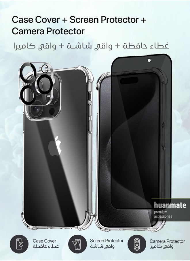 huanmate - 3 in 1 Protection Pack of Back Cover Privacy Screen Protector And Camera Protector For Apple iPhone 15 Pro Max Black/Clear - Image 1
