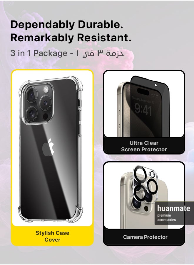 huanmate - 3 in 1 Protection Pack of Back Cover Privacy Screen Protector And Camera Protector For Apple iPhone 15 Pro Max Black/Clear - Image 1