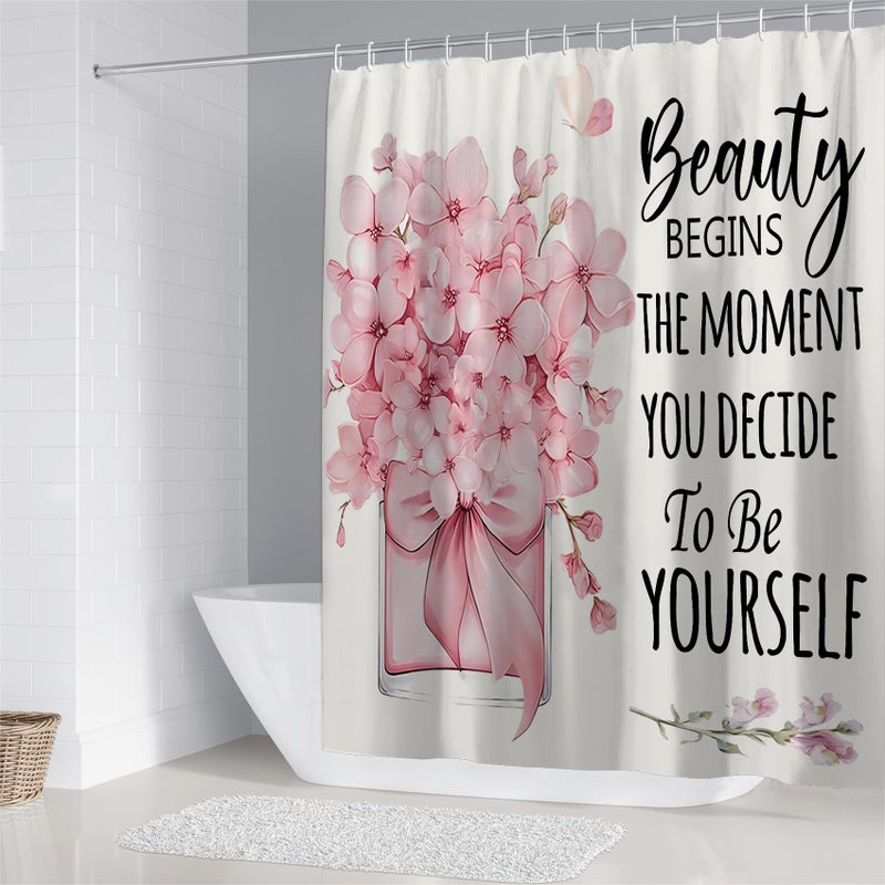 AZHM 4 Pcs Pink Fashion Shower Curtain Sets with Rugs Flower Bathroom Decor Set with Shower Curtain and Rugs and Accessories Modern Perfume Bottle Floral Bathroom Curtain with 12 Hooks - Image 3