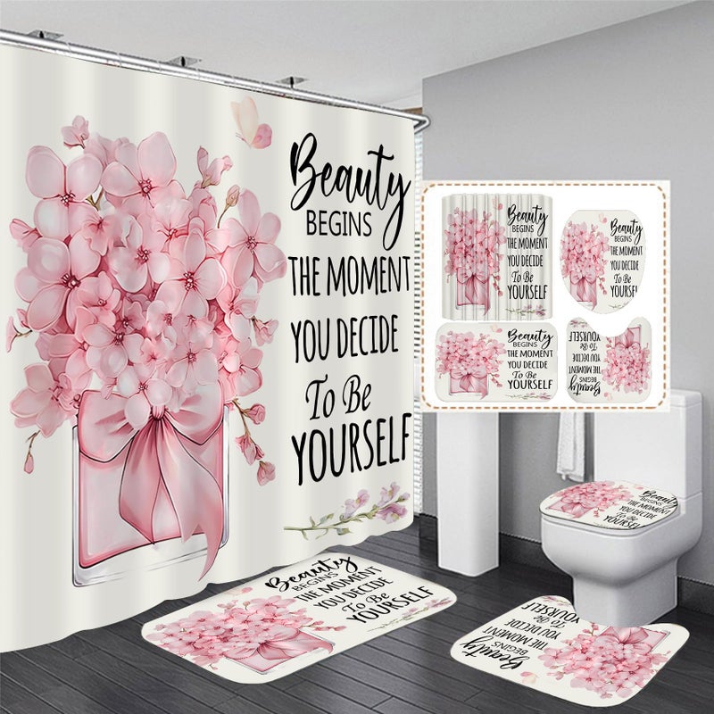 AZHM 4 Pcs Pink Fashion Shower Curtain Sets with Rugs Flower Bathroom Decor Set with Shower Curtain and Rugs and Accessories Modern Perfume Bottle Floral Bathroom Curtain with 12 Hooks - Image 1