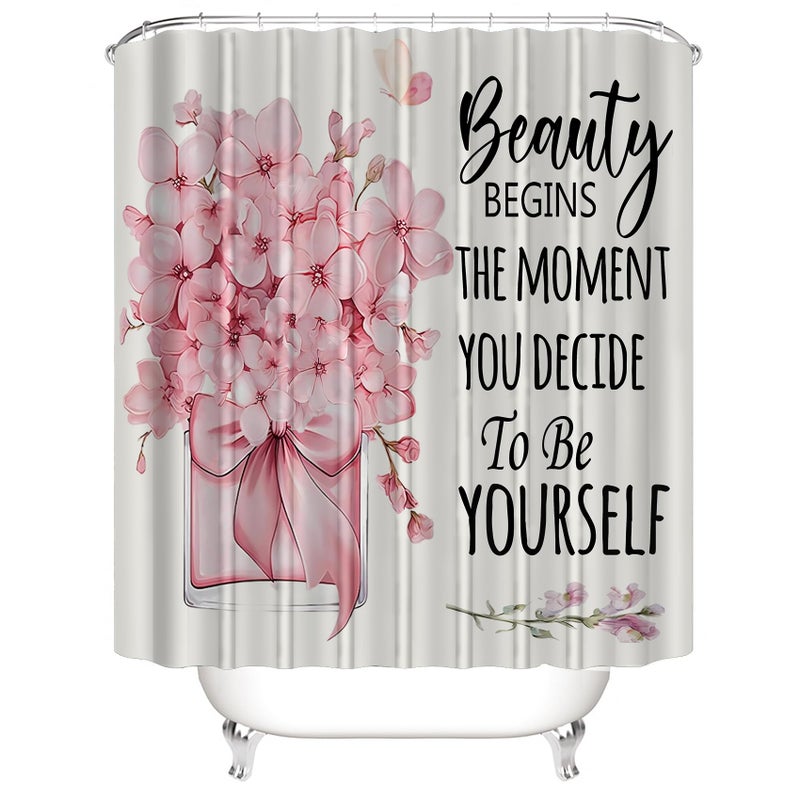 AZHM 4 Pcs Pink Fashion Shower Curtain Sets with Rugs Flower Bathroom Decor Set with Shower Curtain and Rugs and Accessories Modern Perfume Bottle Floral Bathroom Curtain with 12 Hooks - Image 4