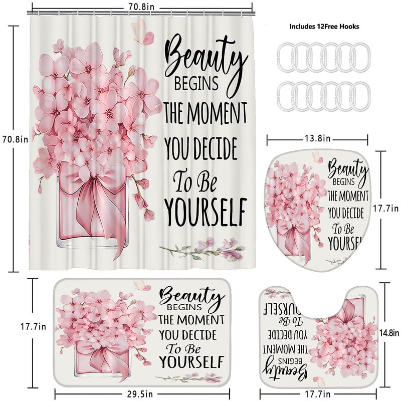 AZHM 4 Pcs Pink Fashion Shower Curtain Sets with Rugs Flower Bathroom Decor Set with Shower Curtain and Rugs and Accessories Modern Perfume Bottle Floral Bathroom Curtain with 12 Hooks - Image 2