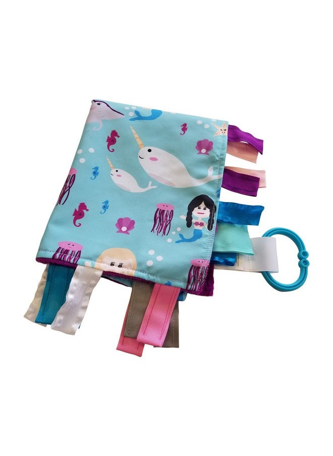 The Learning Lovey Baby Sensory, Security & Teething Closed Ribbon Tag Lovey Blanket with Minky Dot Fabric: 14”X18” (Mermaids and Narwhals)  - Image 1