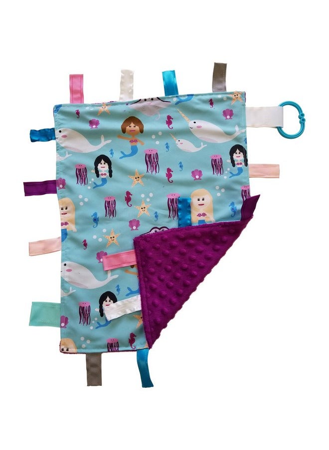 The Learning Lovey Baby Sensory, Security & Teething Closed Ribbon Tag Lovey Blanket with Minky Dot Fabric: 14”X18” (Mermaids and Narwhals)  - Image 3