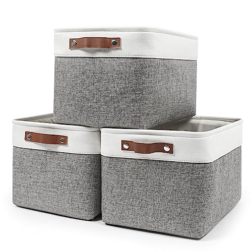 Bagnizer Storage Bins Large Fabric Storage Baskets for Shelves 3 Pack Decorative Linen Closet Baskets with Handles for Organizing Shelf Clothes Home Office 15x11x95Inches GreyWhite