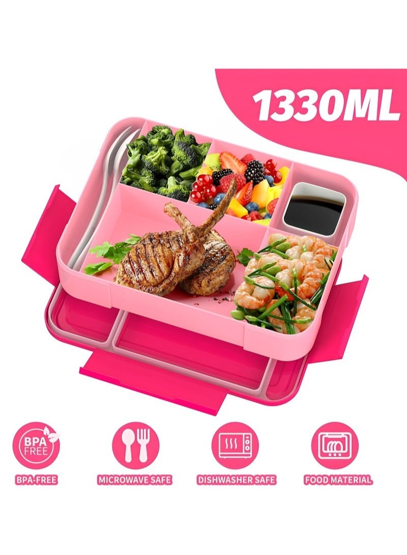 KIIUMI Bento Box, Lunch Box for Kids, Leak-Proof Lunch Box Container with 5 Compartment and Utensils Pink 23x17x4.8 cm 1300ML Plastic - Image 4