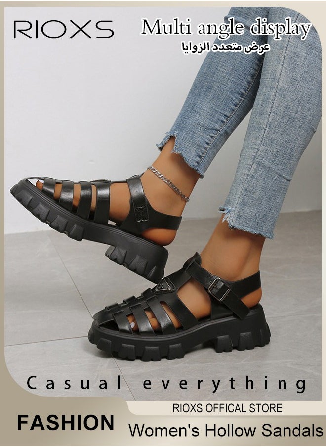 RIOXS - Women's Hollow Roman Sandals Platform Closed Round Toe Sandals Summer Comfy Sandals With Buckle - Image 1