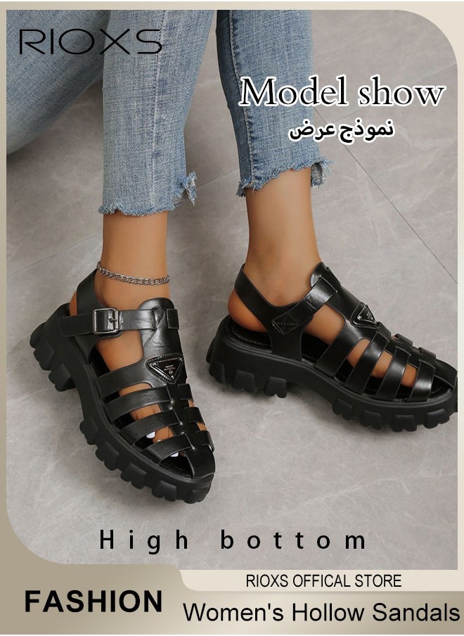 RIOXS - Women's Hollow Roman Sandals Platform Closed Round Toe Sandals Summer Comfy Sandals With Buckle - Image 1