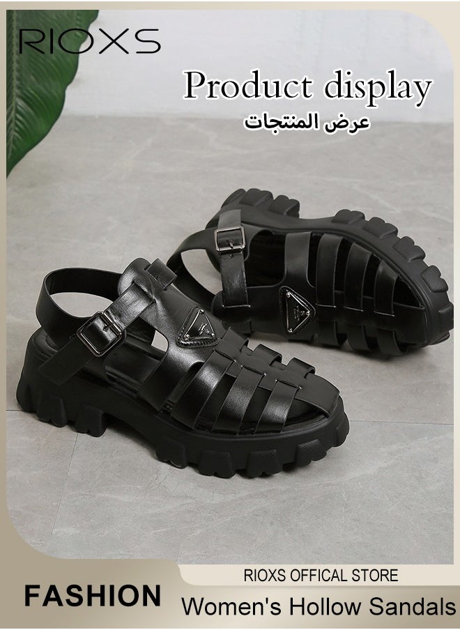 RIOXS - Women's Hollow Roman Sandals Platform Closed Round Toe Sandals Summer Comfy Sandals With Buckle - Image 1