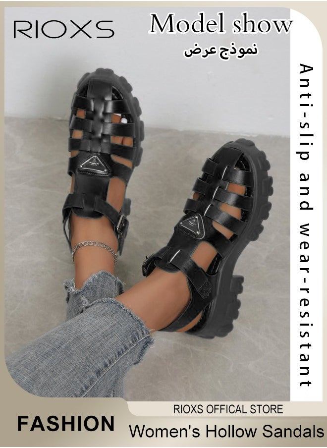 RIOXS - Women's Hollow Roman Sandals Platform Closed Round Toe Sandals Summer Comfy Sandals With Buckle - Image 1