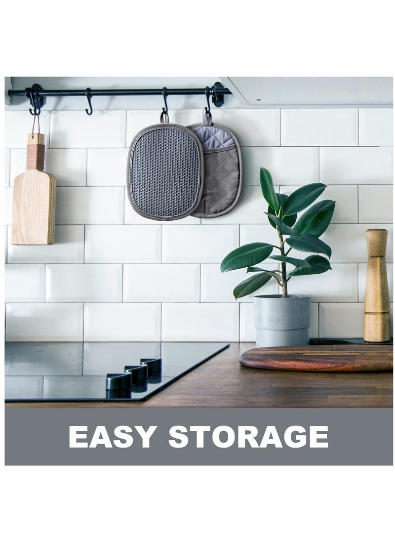 Silicone Pot Holders Sets, Heat Resistant Oven Hot Pads with Pockets Non-Slip Grip Large Potholders for Kitchen Baking Cooking | Quilted Liner | 9.8 x 7.6 Inches | Gray | Pack of 2