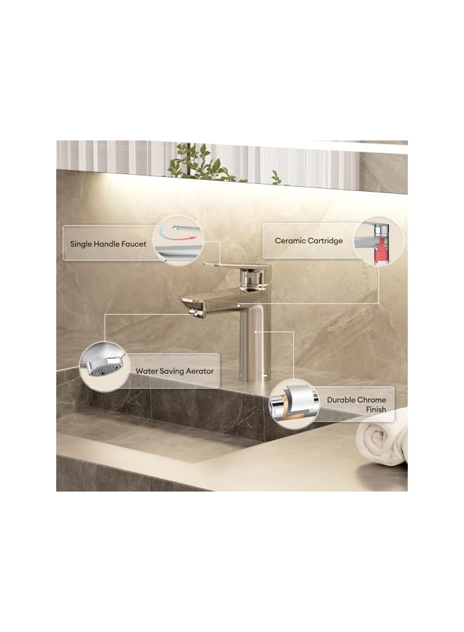 The Bros Bathroom Mixer, Water-Saving Basin Tap Mixer, Single-Lever Cold & Hot Water Bathroom Faucet Lavatory Vanity Faucet Modern, Chrome - Image 3