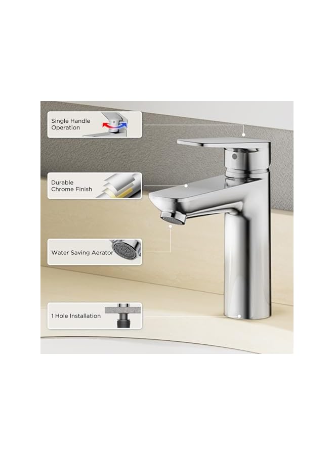 The Bros Bathroom Mixer, Water-Saving Basin Tap Mixer, Single-Lever Cold & Hot Water Bathroom Faucet Lavatory Vanity Faucet Modern, Chrome - Image 4