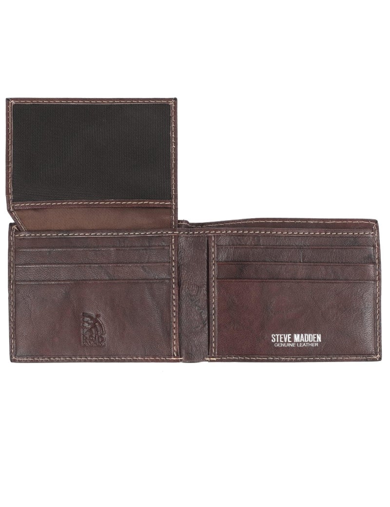 Steve Madden Men's Leather Wallet Extra Capacity Attached Flip Pockets, Brown/Antique, One Size - Image 2