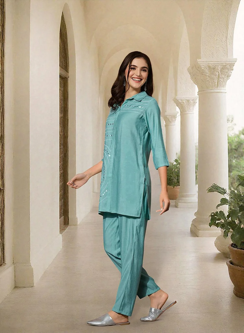 ISHIN Women's Blue Silk Printed Tunic Full Length Palazzo Straight Fit Co-Ords