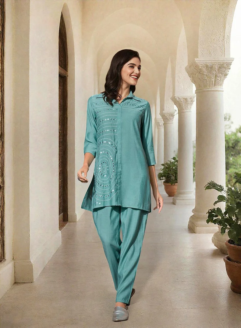 ISHIN Women's Blue Silk Printed Tunic Full Length Palazzo Straight Fit Co-Ords