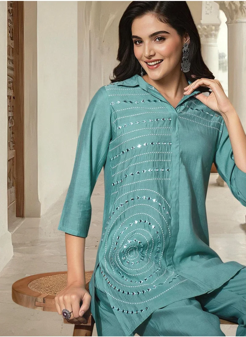 آي شين Women's Blue Silk Printed Tunic Full Length Palazzo Straight Fit Co-Ords