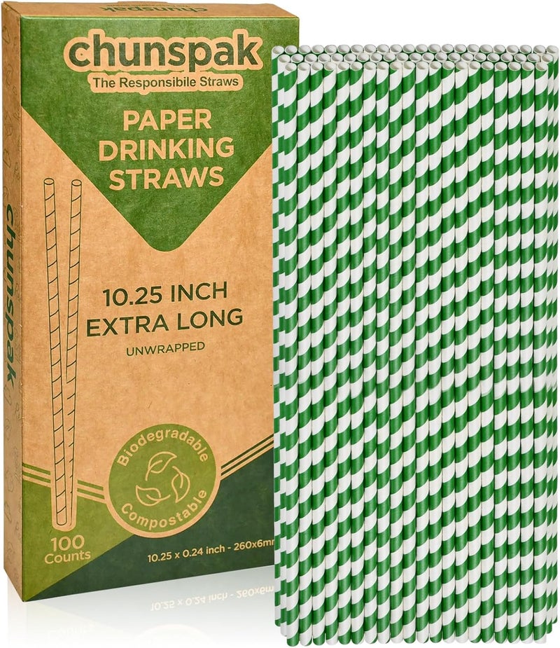 chunspak قصبة ورقية طويلة مخططة باللونين الأخضر والأبيض، طول 10.25 بوصة، عدد 100، قصبة شرب قابلة للتحلل البيولوجي للمشروبات والحفلات الصيفية والمناسبات والحانات والمطاعم وقصبات شرب عيد الميلاد - Image 1